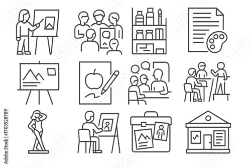 Line Art School Icons. Line style icons of art school and education: instructor at easel, group critique icon, art supplies shelf,