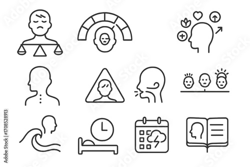 Stress Awareness Icons. Line style icons of stress awareness: stress scale icon, tension meter, overload icon, stress relief