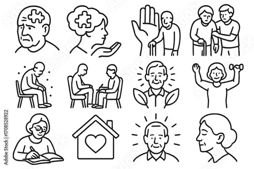 Aging and Mental Health Icons. Line style icons of aging and mental health: dementia icon, memory care icon, elderly support hand,