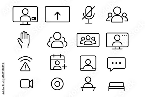 Virtual Meeting Icons. Line style icons of virtual meetings: video call screen, screen share icon, mute microphone, raise hand