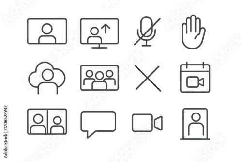 Virtual Meeting Icons. Line style icons of virtual meetings: video call screen, screen share icon, mute microphone, raise hand