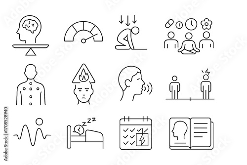 Stress Awareness Icons. Line style icons of stress awareness: stress scale icon, tension meter, overload icon, stress relief