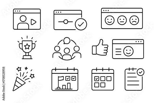 Remote Team Rituals Icons. Line style icons of remote team rituals: weekly kickoff icon, Friday retro call, daily async check-in,