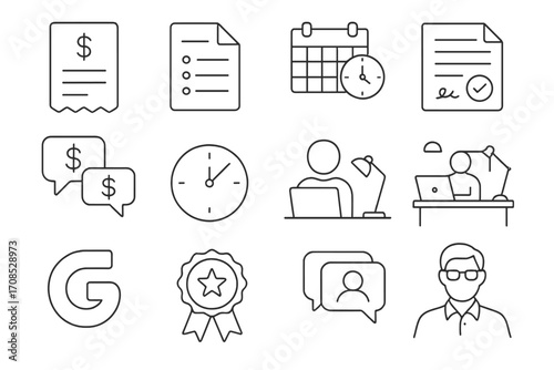 Freelancer Icon Set. Line style icons of freelancer life: invoice icon, proposal file, project deadline icon, freelance agreement,