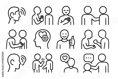 Empathy Icons Collection. Line style icons of empathy and communication: listening icon, understanding gesture icon, apology icon,