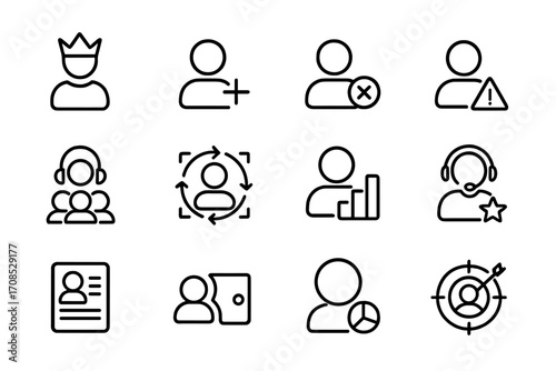 Customer Segmentation Icons. Line style icons of customer segmentation: VIP customer icon, new user icon, inactive user icon, high