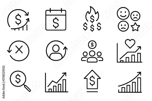 Startup KPI Icons. Line style icons of startup KPIs: ARR icon, MRR icon, burn multiple icon, net promoter score, customer churn