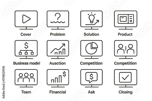Pitch Deck Icons. Line style icons of pitch deck structure: cover slide icon, problem slide icon, solution slide icon, product