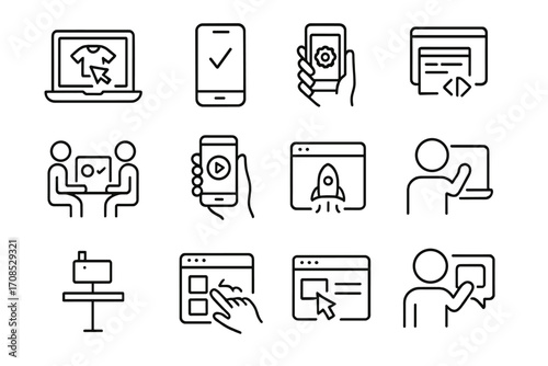Product Demo Icons. Line style icons of product demonstration: product demo icon, MVP screen icon, prototype in hand, user testing