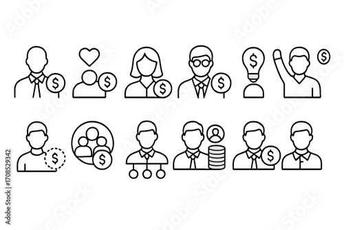 Investor Type Icons. Line style icons of investor types: early-stage investor icon, impact investor icon, female investor icon,