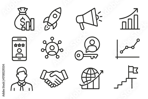 Startup Success Icons. Line style icons of startup success indicators: funding secured icon, product launch icon, media coverage