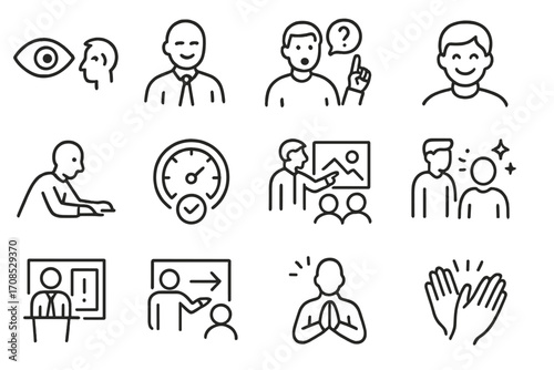 Pitch Engagement Icons. Line style icons of pitch audience engagement: eye contact icon, nodding investor icon, investor question