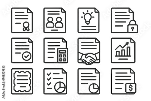 Startup Legal Documents Icons. Line style icons of startup legal docs: incorporation paper icon, founders agreement, IP assignment