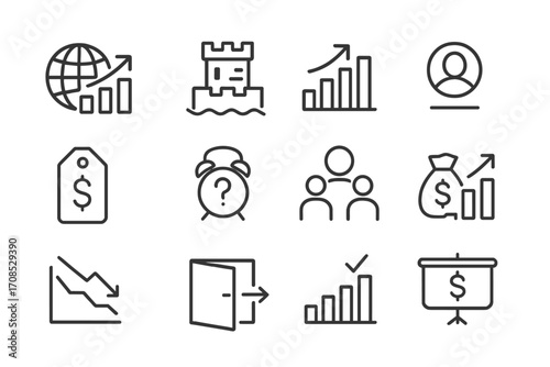 Investor Questions Icons. Line style icons of investor questions: how big is the market icon, what’s your moat icon, how will you