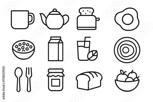 Breakfast Essentials Icons. Line style icons of breakfast essentials: coffee mug, teapot icon, toaster with bread, fried egg icon,