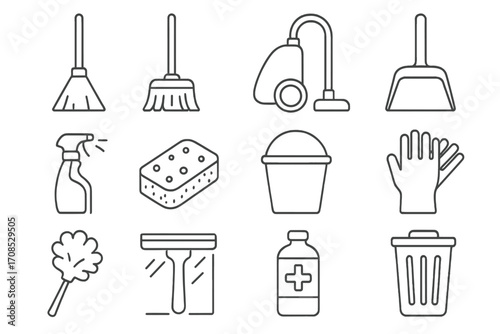 Cleaning Tool Icons. Line style icons of household cleaning tools: broom icon, mop icon, vacuum cleaner, dustpan icon, cleaning