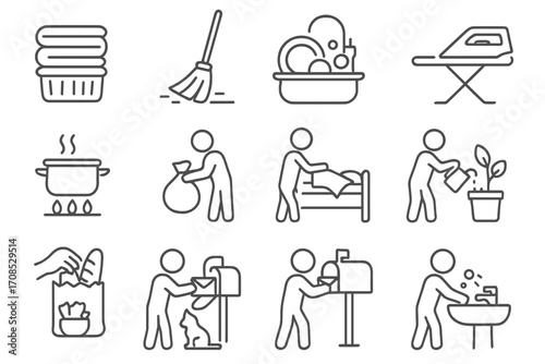 Daily Chore Icons. Line style icons of daily home chores: folding laundry icon, sweeping floor, washing dishes icon, ironing