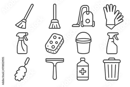 Cleaning Tool Icons. Line style icons of household cleaning tools: broom icon, mop icon, vacuum cleaner, dustpan icon, cleaning
