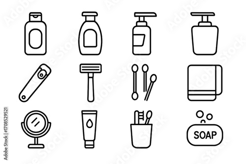 Personal Care Icons. Line style icons of personal care items: shampoo bottle, body wash icon, shaving razor, lotion pump, nail