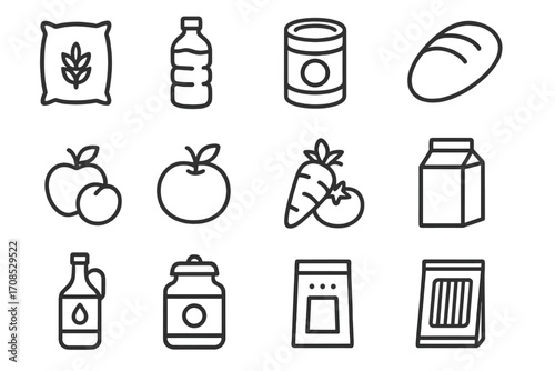 Grocery Icons Collection. Line style icons of grocery items: rice bag icon, water bottle, canned food icon, bread icon, fruits
