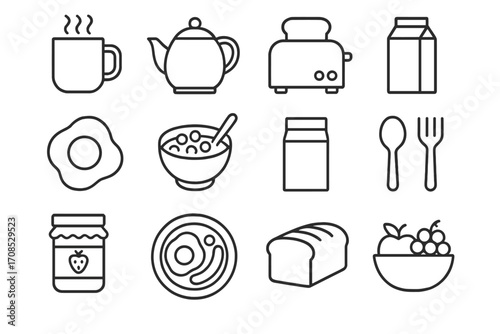 Breakfast Essentials Icons. Line style icons of breakfast essentials: coffee mug, teapot icon, toaster with bread, fried egg icon,