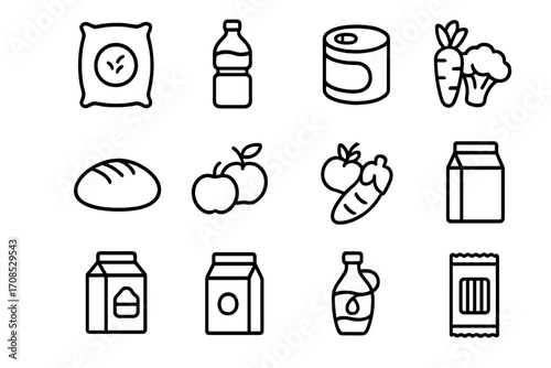 Grocery Icons Collection. Line style icons of grocery items: rice bag icon, water bottle, canned food icon, bread icon, fruits