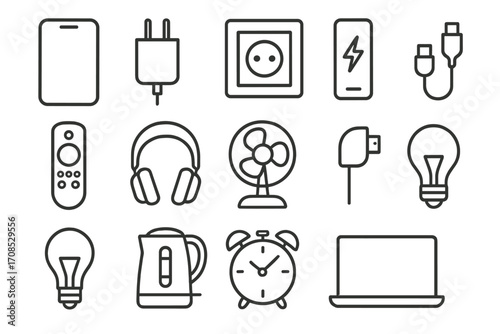 Basic Electronics Icons. Line style icons of basic electronics: smartphone icon, charger plug, wall socket, power bank, TV remote,