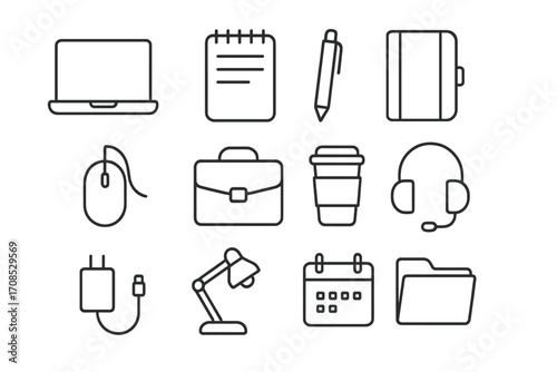 Workday Icons. Line style icons of workday tools: laptop icon, notepad icon, pen icon, planner book, mouse icon, office bag,