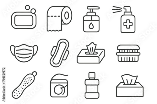 Hygiene Essentials Icons. Line style icons of hygiene products: bar soap, toilet paper, hand sanitizer, disinfectant spray, face