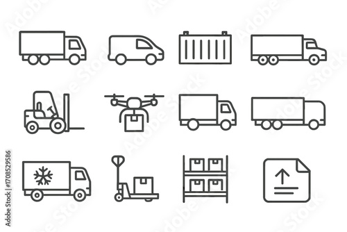 Transport Line Icons. Line style icons of commercial transport: cargo truck icon, delivery van icon, freight container, semi-truck
