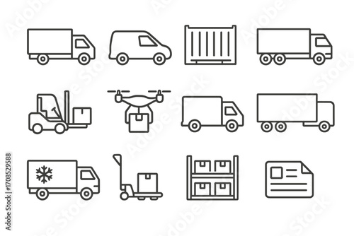 Transport Line Icons. Line style icons of commercial transport: cargo truck icon, delivery van icon, freight container, semi-truck