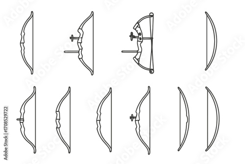 Bow Style Icons. Line style icons of bow types and variations: takedown recurve, Olympic recurve, compound bow, longbow, horse bow