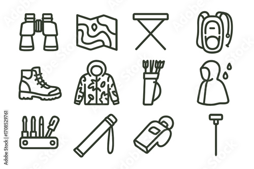Field Archery Essentials. Line style icons of field archery gear: binoculars, terrain map, folding stool, hydration pack, hiking