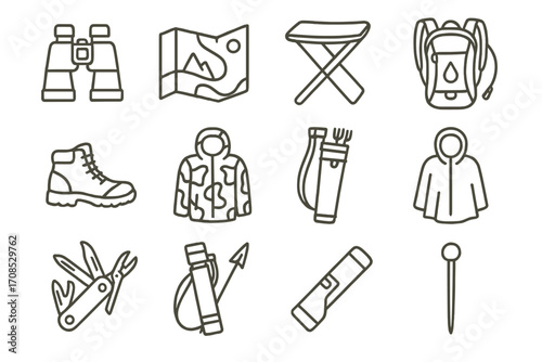 Field Archery Essentials. Line style icons of field archery gear: binoculars, terrain map, folding stool, hydration pack, hiking