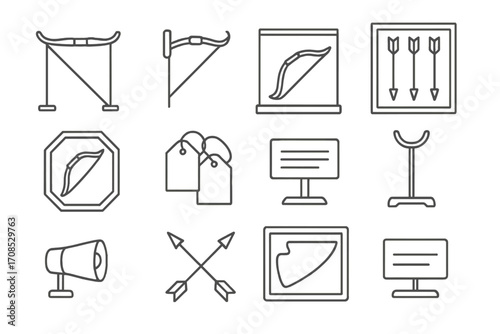 Archery Display Icons. Line style icons of archery display gear: bow rack, wall mount, glass display case, arrow showcase, custom