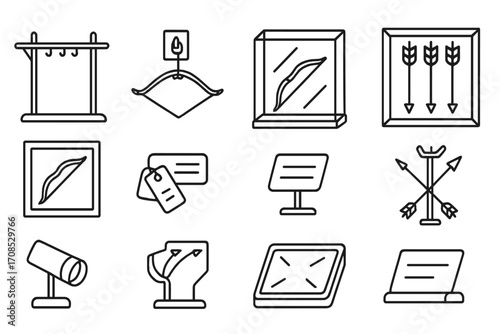 Archery Display Icons. Line style icons of archery display gear: bow rack, wall mount, glass display case, arrow showcase, custom