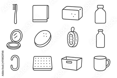 Minimalist Bathroom Icons. Line style icons of minimalist bathroom items: bamboo toothbrush, single towel, natural soap, shampoo