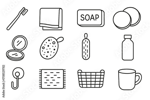 Minimalist Bathroom Icons. Line style icons of minimalist bathroom items: bamboo toothbrush, single towel, natural soap, shampoo