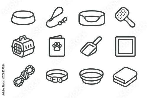 Minimalist Pet Care Icons. Line style icons of minimalist pet care: single bowl, short leash, pet bed, grooming brush, compact