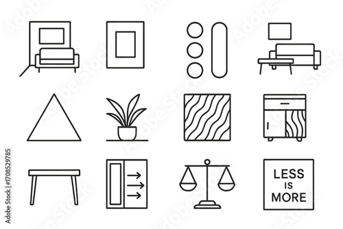 Minimalist Decor Icons. Line style icons of minimalist decor principles: clean lines, empty wall, monochrome palette, functional