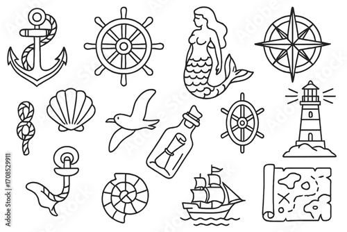 Maritime Tattoo Icons. Line style icons of maritime and sailor tattoos: anchor with rope, ship wheel, mermaid, compass rose,