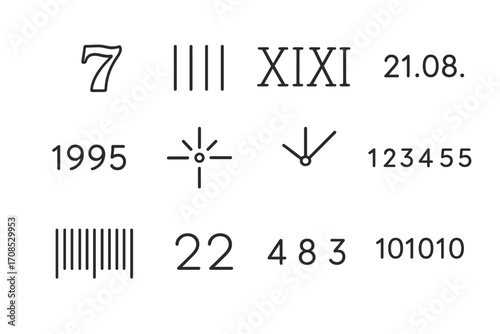 Iconic Number Tattoos. Line style icons of meaningful number tattoos: lucky 7, angel number 111, roman numerals, date code, birth
