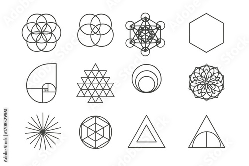 Sacred Geometry Icons. Line style icons of sacred geometry tattoos: flower of life, seed of life, Metatron’s cube, geometric
