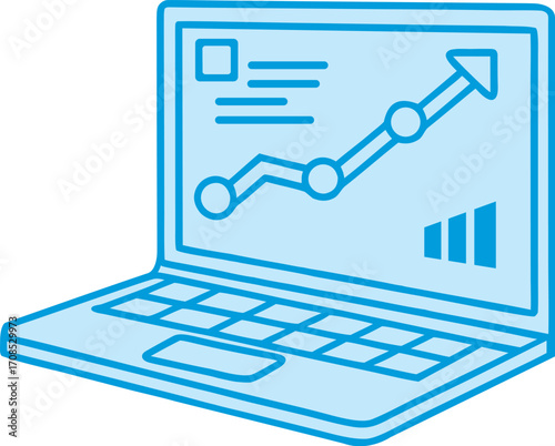 Laptop displaying a rising financial graph and data analytics.