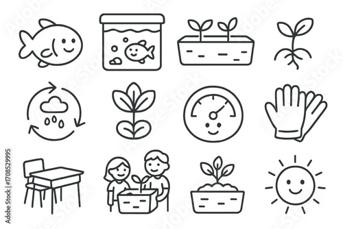 Aquaponics Line Style Icons. Line style icons of aquaponics for kids: smiling fish, cartoon tank, simple grow bed, sprouting seed,