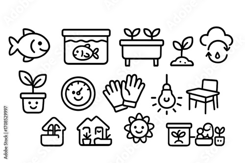 Aquaponics Line Style Icons. Line style icons of aquaponics for kids: smiling fish, cartoon tank, simple grow bed, sprouting seed,