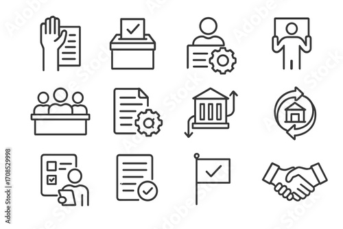 Shareholder Activism Icons. Line style icons of shareholder activism: raised hand with document, vote icon, protest investor,