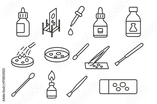 Microbial Staining Icons. Line style icons of microbial staining tools: gram stain bottle, slide drying rack, crystal violet