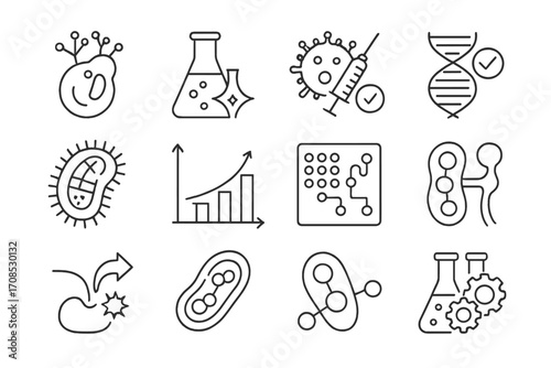 Biotech Line Icons. Line style icons of biotechnology in microbiology: engineered yeast cell, recombinant protein flask, microbial