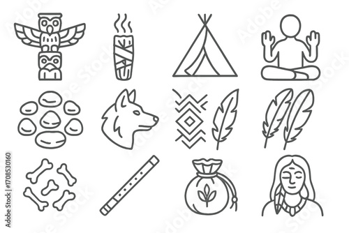 Indigenous Spiritual Icons. Line style icons of indigenous spiritual rites: totem pole, smoke cleansing stick, vision quest tent,